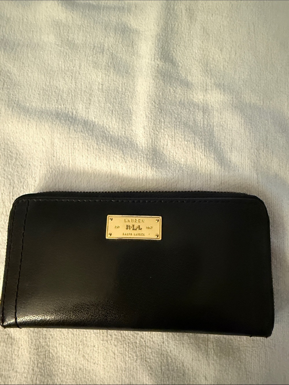 Ralph Lauren Black Leather Zip Wallet with Gold Logo Plaque